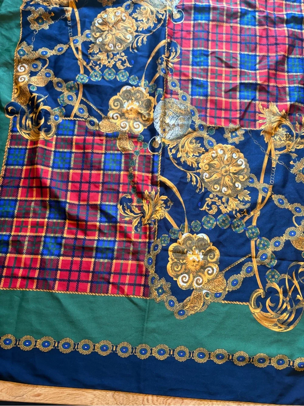 Luxury Patterned polyester women’s scarf. Plaid in Green, Navy ornate.